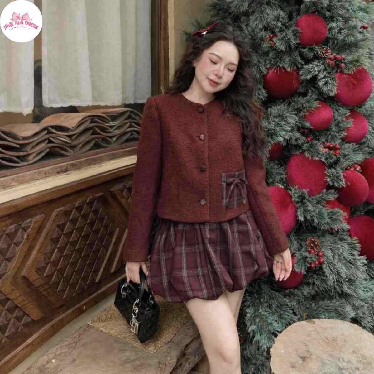 Set áo dạ lông cừu phối túi nơ kèm chân váy bí phồng tiểu thư 1 ảnh-sản-phẩm