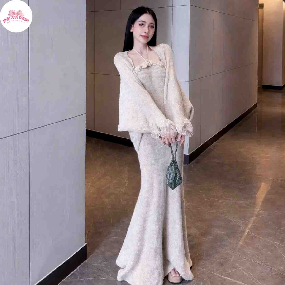 Set váy len hoa nổi kèm áo choàng ren sang chảnh 1 ảnh-sản-phẩm