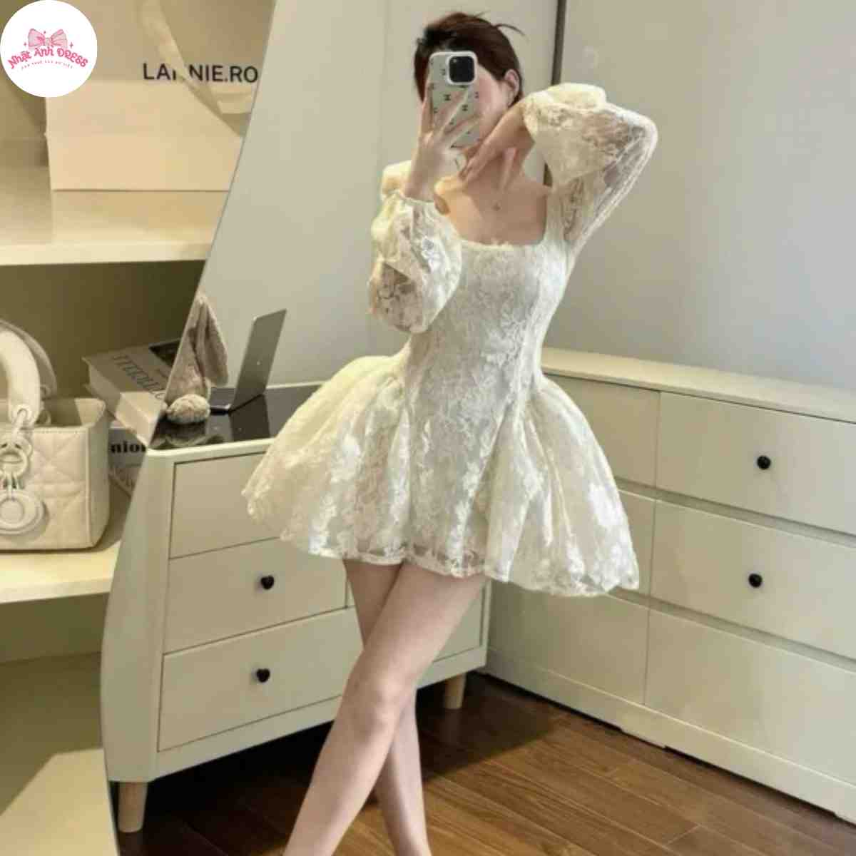 Váy ren dài tay cổ vuông tiểu thư xinh xắn, dễ thương 1 ảnh-sản-phẩm