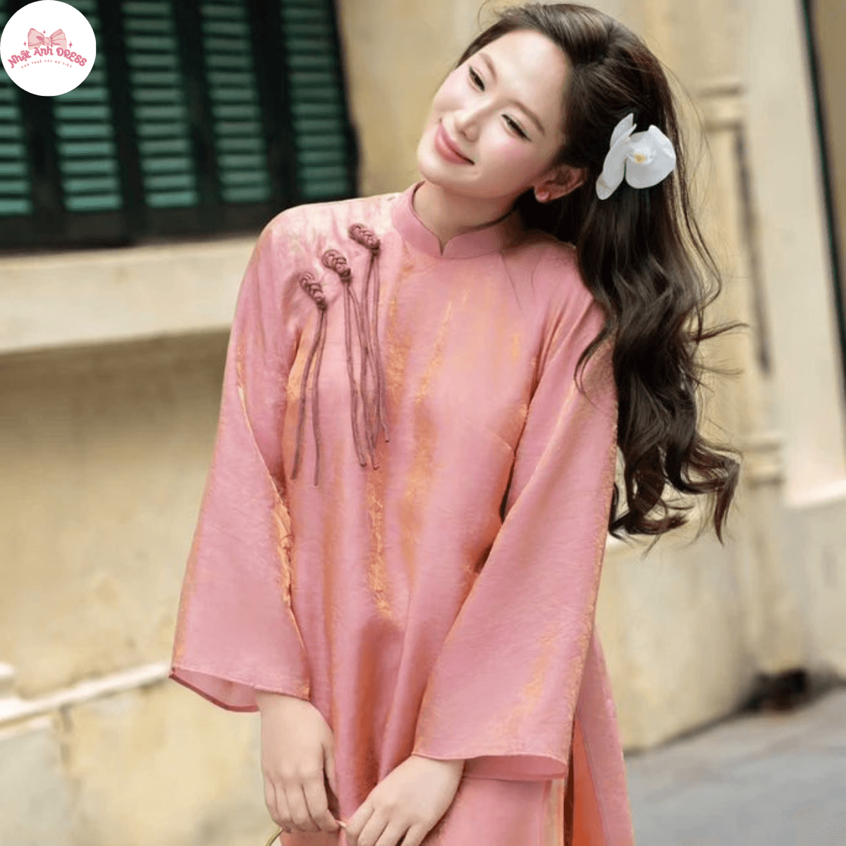 Áo dài suông 4 tà cao cấp màu hồng lụa tằm 1 áo-dài-4-tà